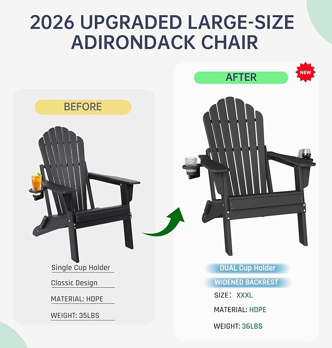 Plawdlik Folding Adirondack Chair Set of 2 with 2 Cup Holder, SGS Tested - Photo 9