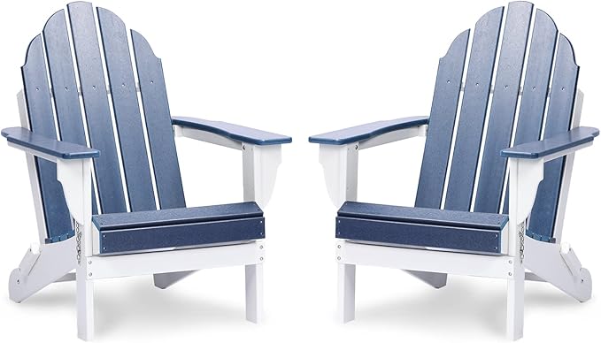 Aoodor HDPE Outdoor All-Weather Folding Adirondack Chair for Patio, Garden, Backyard, Lawn, Fire Pit, Set of 2, Navy Blue