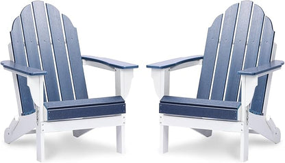 Aoodor HDPE Outdoor All-Weather Folding Adirondack Chair for Patio, Garden, Backyard, Lawn, Fire Pit, Set of 2, Navy Blue