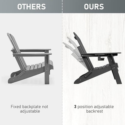 FUNBERRY Folding Adirondack Chairs Set of 4 with Adjustable Backrest, HDPE All Weather Fire Pit Chairs with Cup Holder