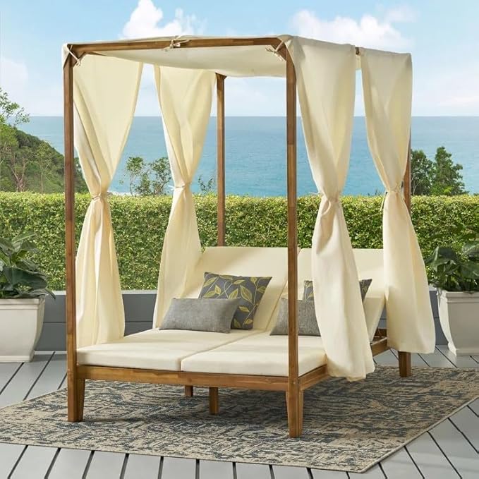 Christopher Knight Home Kenzie Acacia Wood Outdoor Daybed with Canopy, Double Chaise Lounge Chair Outdoor with Cushion - Photo 1