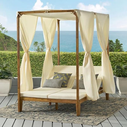 Christopher Knight Home Kenzie Acacia Wood Outdoor Daybed with Canopy, Double Chaise Lounge Chair Outdoor with Cushion, Adjustable Backrest Patio Sun Lounger Set of 2, Teak+Cream