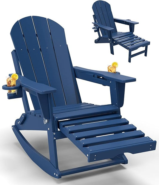 Adirondack Rocking Chair with Retractable Ottoman, All Weather Folding Adirondack Chair with Two Cup Holders, Adirondack Outdoor Rocking Chairs for Porch, Patio, Balcony. Navy Blue