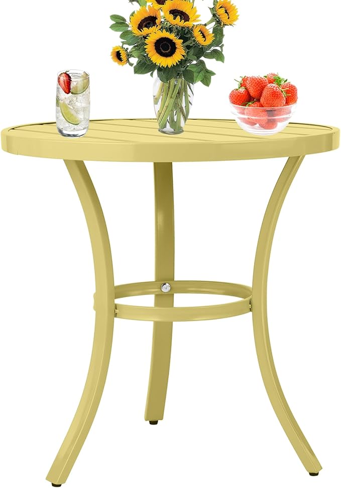 Small Side Table Round Outdoor Metal 19.5-Inch End Tables Portable Leisure Indoor Standing Accent Bistro Coffee Plant Table for Patio Balcony Yard Porch Garden, Easy Assembly (Light Yellow)