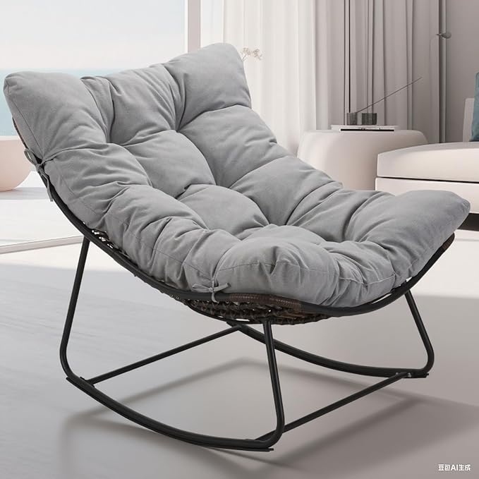 Outdoor Papasan Rocking Chair Oversized - Rocking Chair with Soft Cushion, 30° Rocker Egg Chair for Patio, Front Porch, Backyard, Living Room, Grey