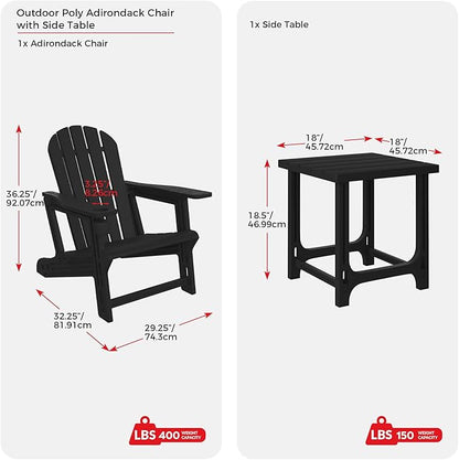 Costaelm Cayman 2-Piece HDPE Plastic Adirondack Patio Chair Set with 18" Side Table, Black