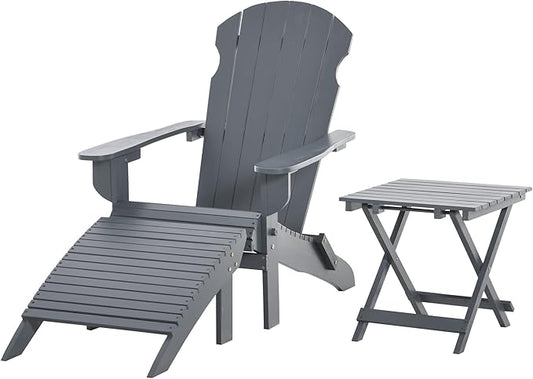 Outsunny 3-Piece Folding Adirondack Chair with Ottoman and Side Table, Outdoor Wooden Fire Pit Chairs w/High-Back, Wide Armrests for Patio, Backyard, Garden, Lawn Furniture, Gray