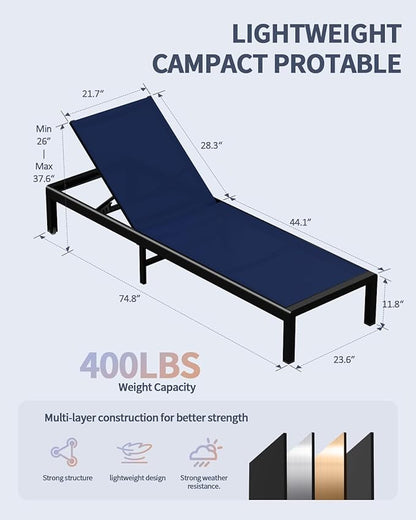 Aluminum Lounge Chairs Outdoor Chaise Furniture,2 Sets Patio Metal Deck Lounger Adjustable 5-Position Poolside Chase Recliner with Wheels for Beach,Coffee Table, (NavyBlue, 1 Chair)