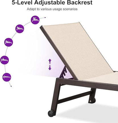 PURPLE LEAF Oversized Patio Lounge Chairs Set of 3, Reclining Pool Lounge Chairs with Side Table and Wheels for All Weather for Outdoor, Deck, Lawn, Aluminum Outside Pool, Cream