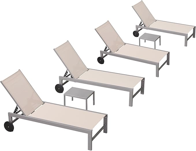 PURPLE LEAF Patio Chaise Lounge Set for 4 Outdoor Pool Lounge Chairs with Adjustable Backrest and Side Tables Aluminum - Photo 1