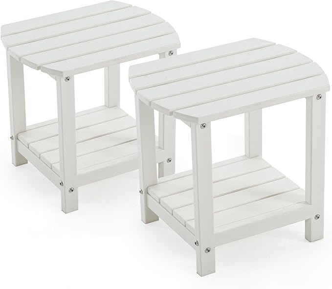 Adirondack Small Outdoor Side Table - Weatherproof HDPE Patio End Table with 2-Tier Storage for Firepit, Balcony, Garden, Poolside or Bathroom (White, Set of 2)