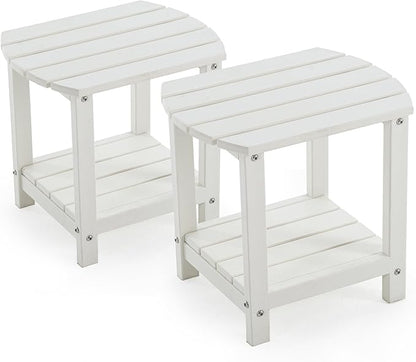 Adirondack Small Outdoor Side Table - Weatherproof HDPE Patio End Table with 2-Tier Storage for Firepit, Balcony, Garden, Poolside or Bathroom (White, Set of 2)