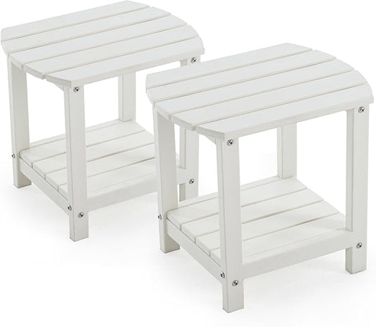 Adirondack Small Outdoor Side Table - Weatherproof HDPE Patio End Table with 2-Tier Storage for Firepit, Balcony, Garden, Poolside or Bathroom (White, Set of 2)