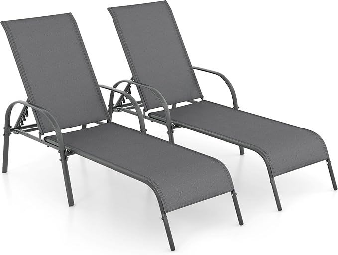 COSTWAY Outdoor Lounge Chairs Set of 2, Patio Chaise Lounge Recliner with Heavy Duty Steel Frame, 5-Position Adjustable Backrest for Deck, Beach, Pool (2, Dark Grey)