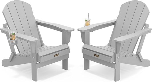 SERWALL Foldable Adirondack Chair Set of 2, Weather Resistant for Patio Chairs with Cup Holder Patio Garden Outdoors Fire Pit-Space Grey