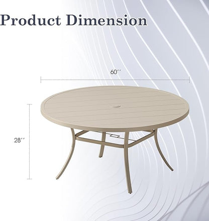 Outdoor Dining Table for 8, 60" Round Outdoor Table with Adjustable Umbrella Hole, All-Weather Metal Patio Dining Table for Lawn Garden Backyard Deck, Sandshell