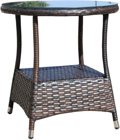 Outdoor Wicker Side Table with Glass Top, 21" Round Patio End Table, All-Weather PE Rattan Coffee Table for Garden, Balcony, Poolside, 120lbs Capacity, Easy Assembly