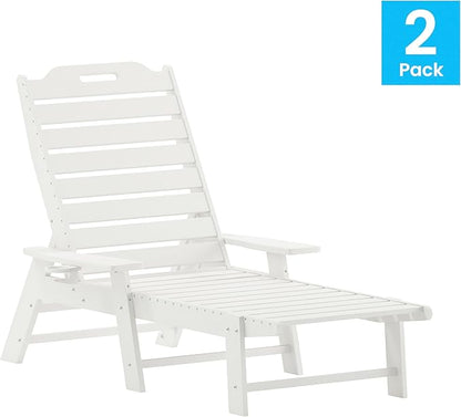 Flash Furniture Monterey Adjustable Adirondack Loungers with Cup Holders- All-Weather Indoor/Outdoor HDPE Lounge Chairs, Set of 2, White