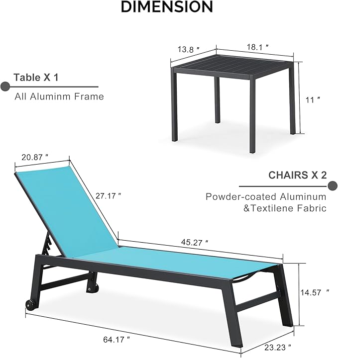 PURPLE LEAF Patio Chaise Lounge Set 4 Pieces Aluminum Outdoor Lounge Chairs with Wheels and Side Table Sunbathing Recliner Turquoise Blue