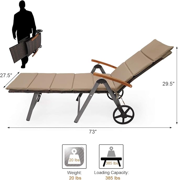 COSTWAY Folding Rattan Lounge with Wheels, Aluminum Patio Lounger with 7 Adjustable Positions, Soft Cushion - Photo 3