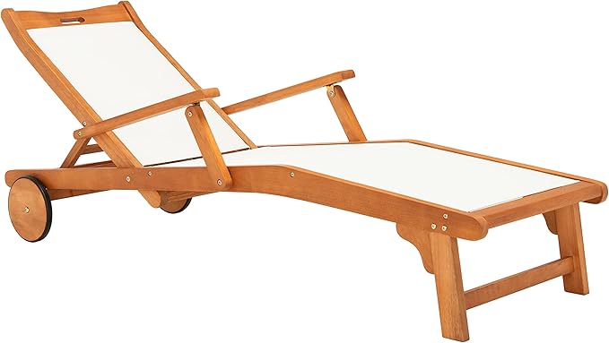 SAFAVIEH Outdoor Collection Kamson Natural Brown Solid Wood/Beige Fabric Adjustable Chaise Lounge Chair (PAT7071A) - Photo 9