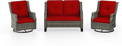 3 Piece Patio Furniture Set, 2-Seater Loveseat and 2 Swivel Glider Chairs Outdoors, Rattan Conversation Set with Deep Seating and Olefin Cushions, for Backyard, Garden, Red