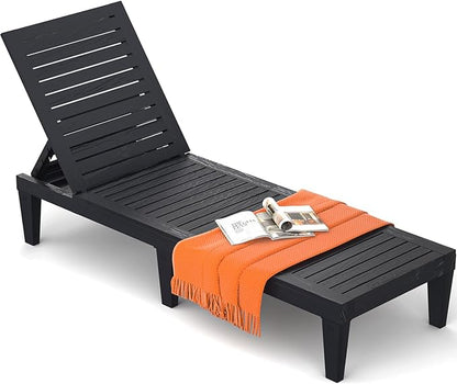 Outdoor Lounge Chair for Poolside Patio, Weather-Resistant Pool Chaise Lounge with Adjustable Backrest, Resin Tanning Chair Sun Lounger for Outside Deck, Beach, Sunbathing, Black