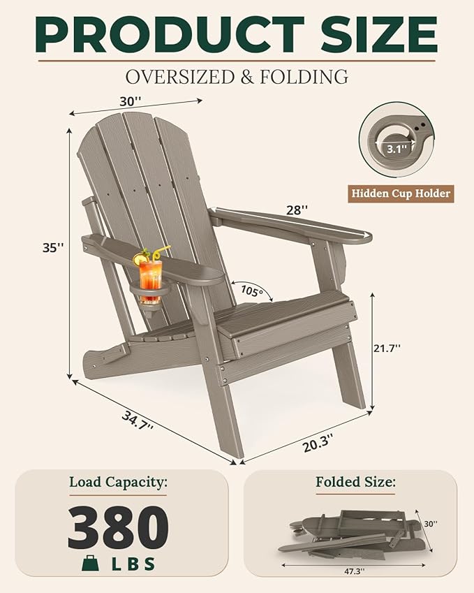 BRIOPAWS Folding-Adirondack-Chairs Set of 2 | HDPE | Wood Grain | Fire Pit Chair | Cup Holder | Weather Resistance | for Outdoor Backyard Deck Patio
