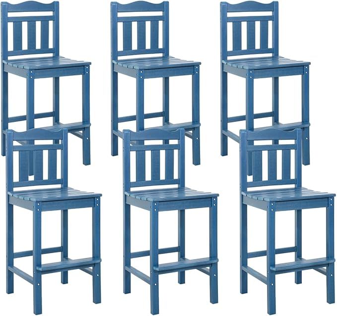 Sundale Outdoor Tall Adirondack Bar Chair Set of 2, HDPE Patio Stools with Backrest, 27.5 Inch Seat Height Tall Bistro Dining Counter Stool, All-Weather Pub Height Chair (Blue, 6 Bar Stools)