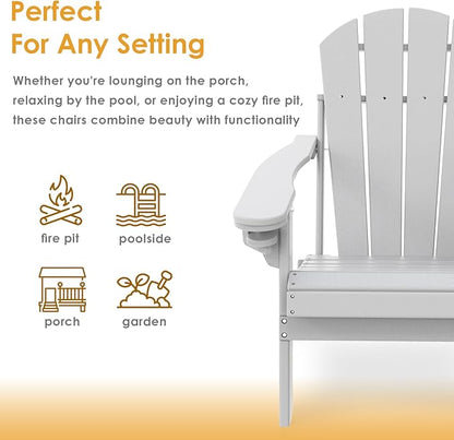 IVY&LANE Folding-Adirondack-Chairs-Set-of-2 | HDPE Plastic | Outdoor Fire Pit Chair with Cup Holder | White | Poly | Weather Resistant | for Patio Deck Poolside Garden Beach