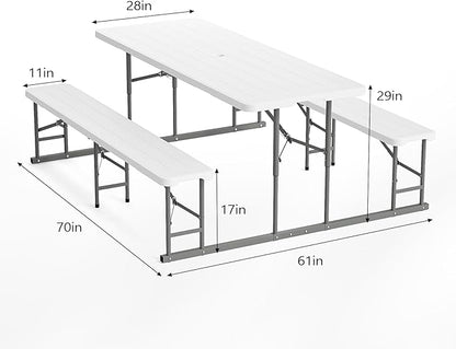 VINGLI Folding Picnic Table and Bench Set, Portable Outdoor Dining Furniture for Camping, Patio, Backyard, Wood Grain Plastic Top with Metal Frame (White)