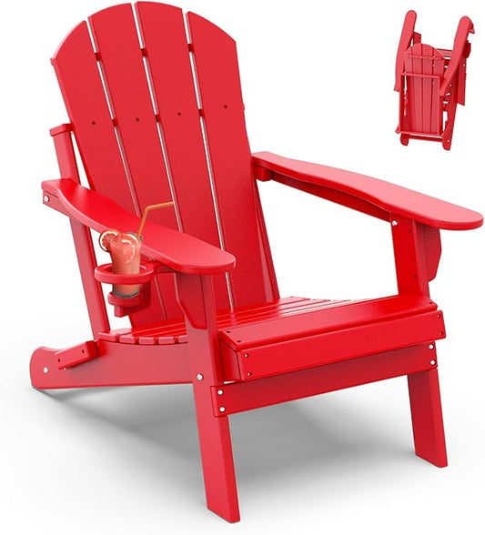IVY&LANE Folding-Adirondack-Chair | HDPE Plastic | Outdoor Fire Pit Chairs with Cup Holder | Red | Poly | Weather Resistant | for Patio Deck Poolside Garden Beach