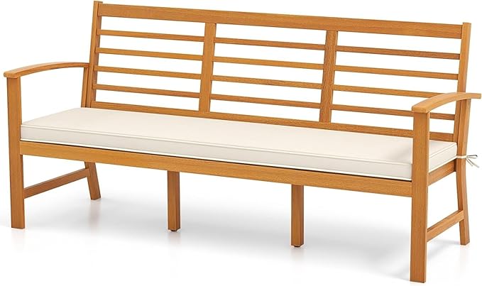 RELAX4LIFE 64’’ Outdoor Bench Acacia Wood - 3-Seat Patio Bench w/Slatted Backrest, Armrests & Seat Cushion - Photo 1