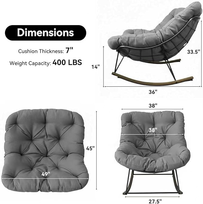 Outdoor Patio Rocking Chair, Oversized Papasan Chair with Cushion and Frame, Comfy Modern Rocker Egg Chair for Living Room, Garden Backyard,Grey2pc