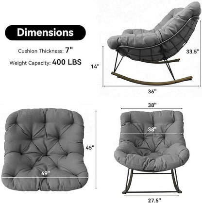 Outdoor Patio Rocking Chair, Oversized Papasan Chair with Cushion and Frame, Comfy Modern Rocker Egg Chair for Living Room, Garden Backyard,Grey