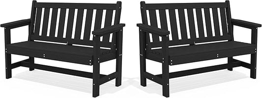 SERWALL Outdoor Bench, HDPE Outdoor Benches Weatherproof, 2-Person Garden Bench with 660 lbs Weight Capacity, Patio Benches for Outdoors, Garden, Porch, Backyard and Park, Black, 2 Pack