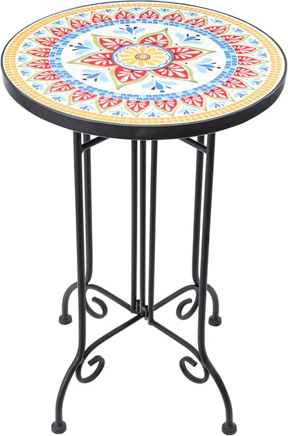 VCUTEKA Mosaic Outdoor Side Table, Round Rustproof Patio Tables with 14" Ceramic Tile Top, Indoor Porch Accent Table for Yard, Garden, Living Room, Bistro Balcony, Orange