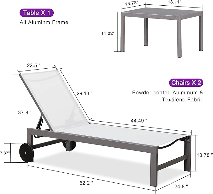 PURPLE LEAF Outdoor Lounge Chair Set for 2 Patio Chaise Lounger with Aluminum Frame and Wheels All-Weather Pool Lounge - Photo 3