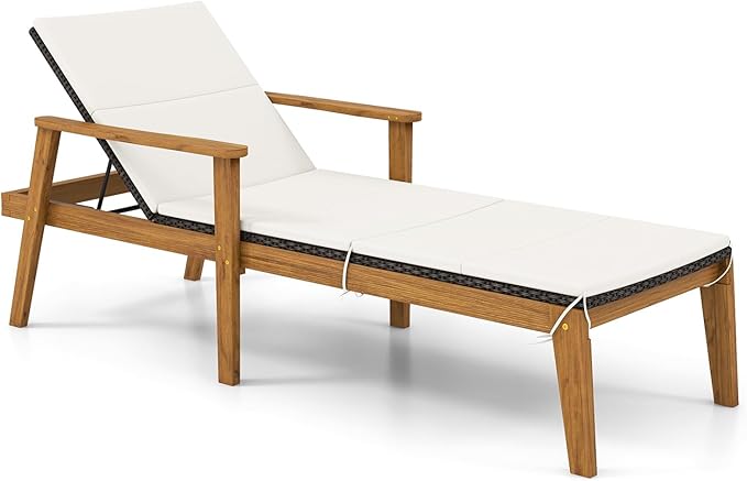 Tangkula Outdoor Chaise Lounge Chair, Rattan Patio Recliner with Armrests & 4-Level Backrest Adjustment, Cushioned Acacia Wood Patio Lounge Chair for Poolside, Backyard, Balcony