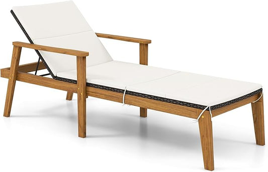Tangkula Outdoor Chaise Lounge Chair, Rattan Patio Recliner with Armrests & 4-Level Backrest Adjustment, Cushioned Acacia Wood Patio Lounge Chair for Poolside, Backyard, Balcony