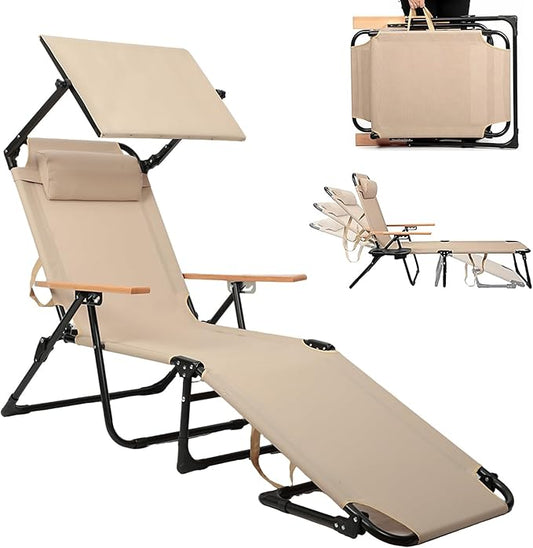 Folding Outdoor Chaise Lounge Chair with 360°Shade, 4 Position Portable Sun Tanning Chair with Headrest, Foldable Beach Lounge Chair with Cup Holders & Wooden Armrests for Patio Pool Lawn (Beige-B)