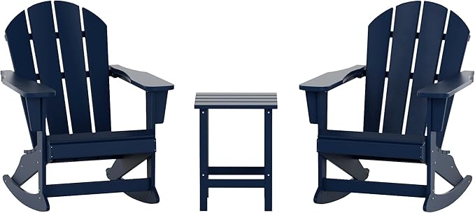 WO WESTIN OUTDOOR HDPE Laguna Outdoor Rocking Poly Adirondack Chair with Side Table 3-Piece Set, Navy Blue