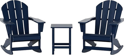 WO WESTIN OUTDOOR HDPE Laguna Outdoor Rocking Poly Adirondack Chair with Side Table 3-Piece Set, Navy Blue