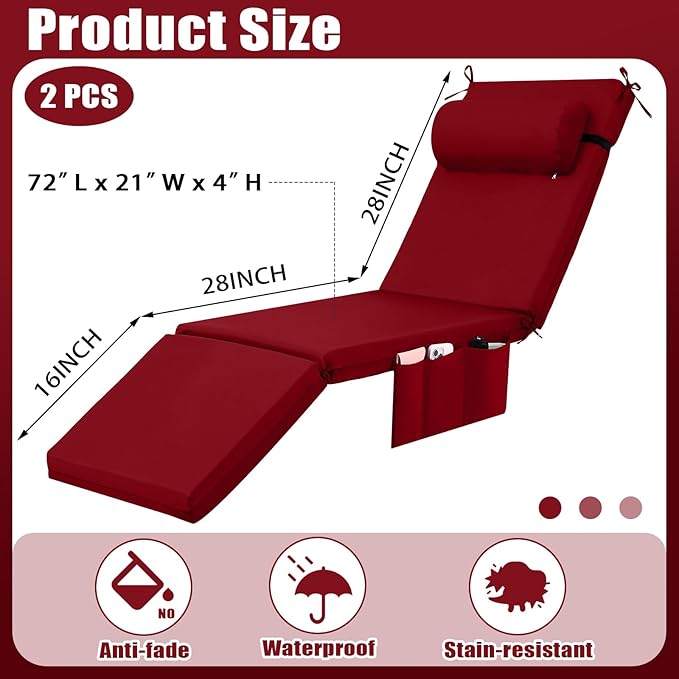 RattanView 2 Pcs Outdoor Chaise Lounge Cushion with Pillow and Side Pockets Waterproof Lounge Chair Cushions for - Photo 3