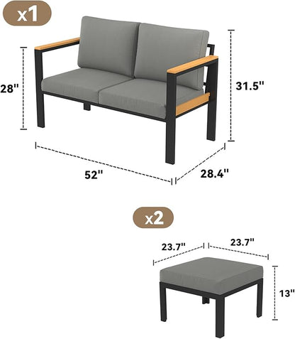 HOMREST Outdoor Couch Aluminum Patio Furniture Sofa, Loveseat and Ottoman, All-Weather Metal Outdoor Patio Furniture with Cushions, (Dark Grey)