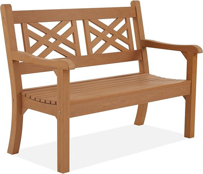 Psilvam 49''W All-Weather Poly Lumber Outdoor Bench – 2- Person Garden Bench with Decorative Backrest & Curved Armrests, Anti-Fade Patio Bench for Porch, Backyard, and Park(Teak Color)