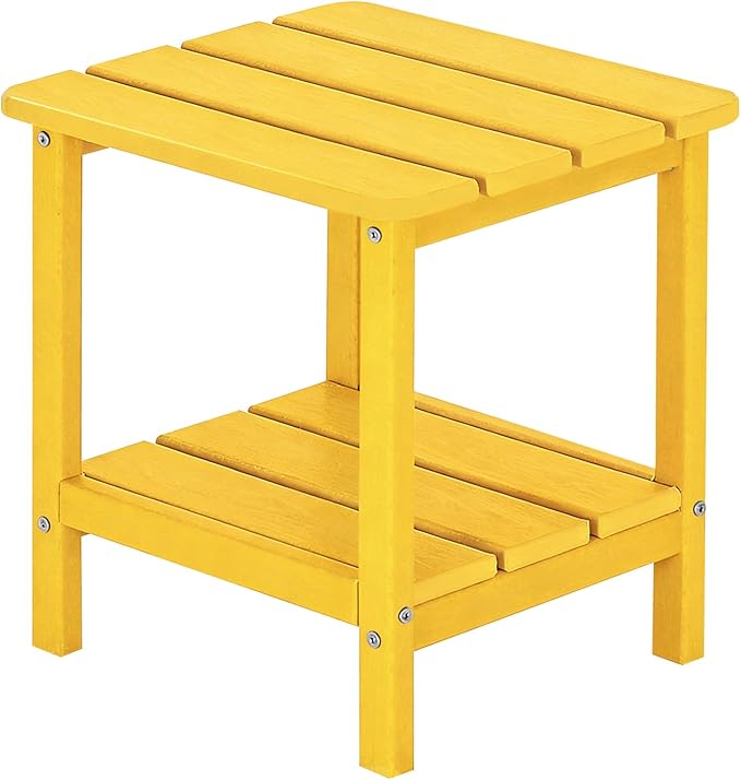 Outdoor Side Table HDPE Small Outdoor End Table Patio Side Tables Square for Backyard Pool Porch Balcony Double Layer Storage, Yellow (Wood Grain Finish)