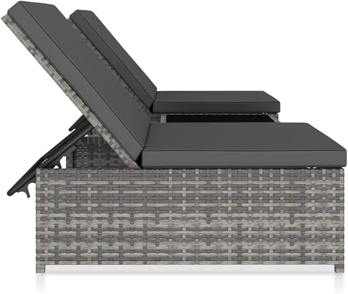 Gray Poly Rattan Reclining Patio Chairs, 2 pcs with Glass Top Table, Outdoor Chaise Lounge Set - Photo 3