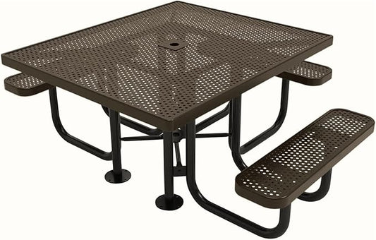COATEDOUTDOORFURNITURE Heavy-Duty Portable ADA-Compliant Outdoor Picnic Table with Umbrella Hole, Punched Steel Patio Dining Furniture Made in America (46" Square Top, Textured Brown)
