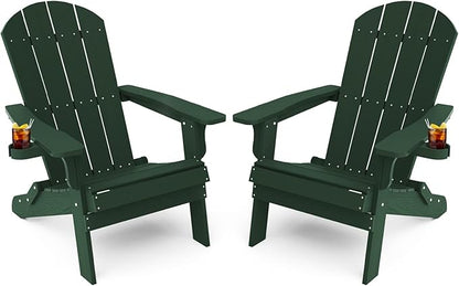 YEFU Adirondack Chair Set of 2, Folding Oversized Plastic Adirondack Chair with Cup Holder, Lawn Chair with Weather Resistant for Outdoor Deck Garden, Weight Capacity Up to 400 Lbs–Green